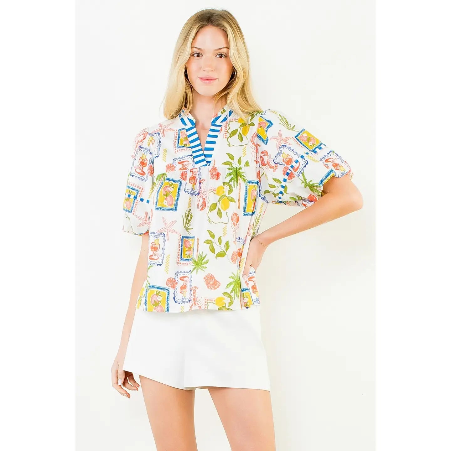 Puff Sleeve Pattern Detail V-Neck Top THML