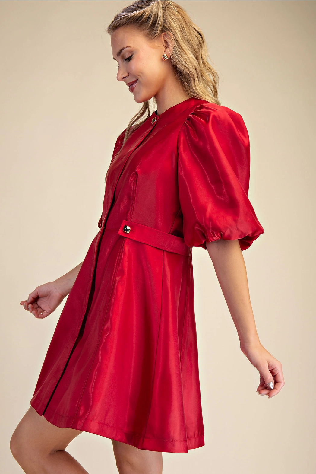 Collar Neck Puff Sleeve Waist Detail Shiny Mini Dress Glam