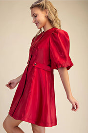 Collar Neck Puff Sleeve Waist Detail Shiny Mini Dress Glam