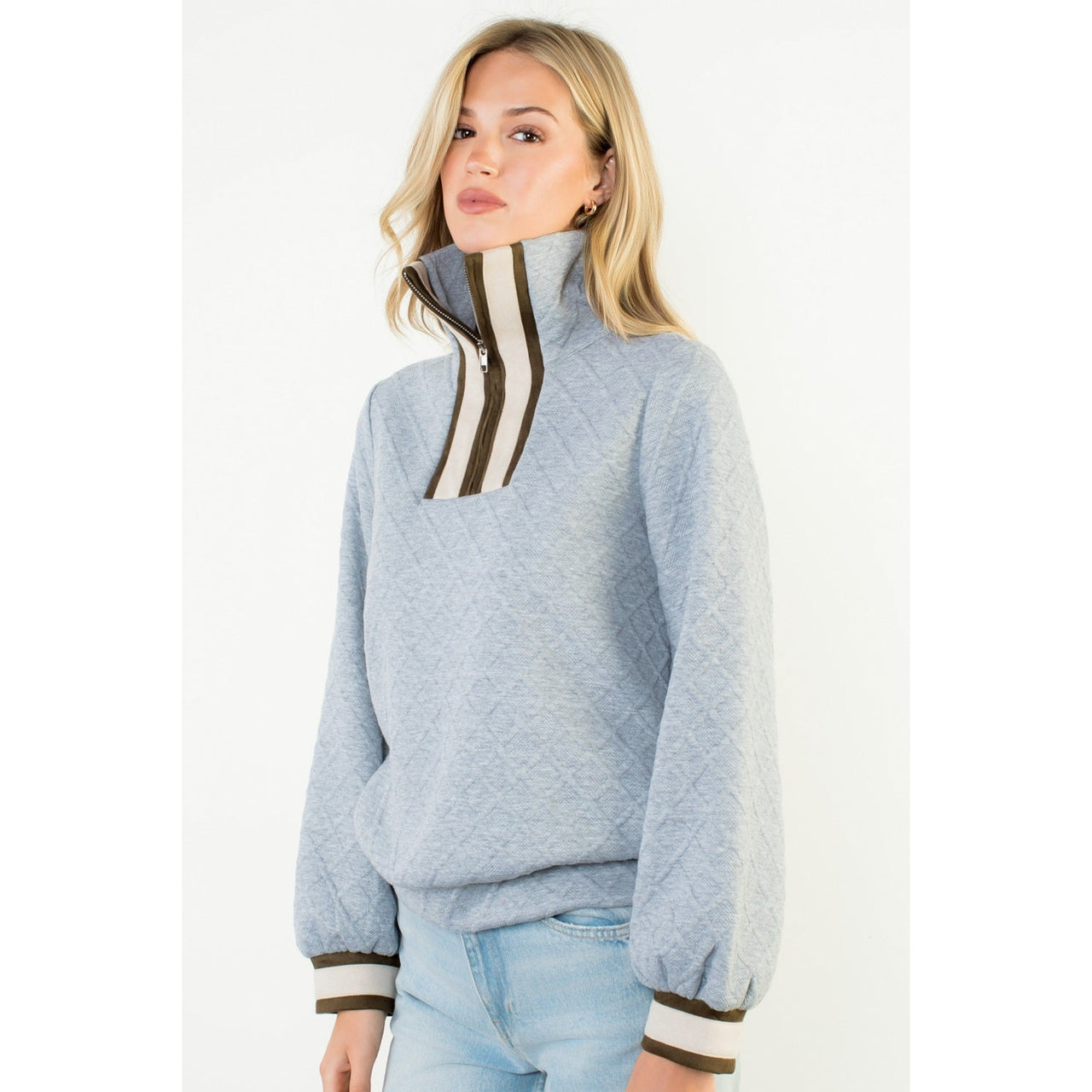 Quilted Half Zip Contrast Trim Sweater THML