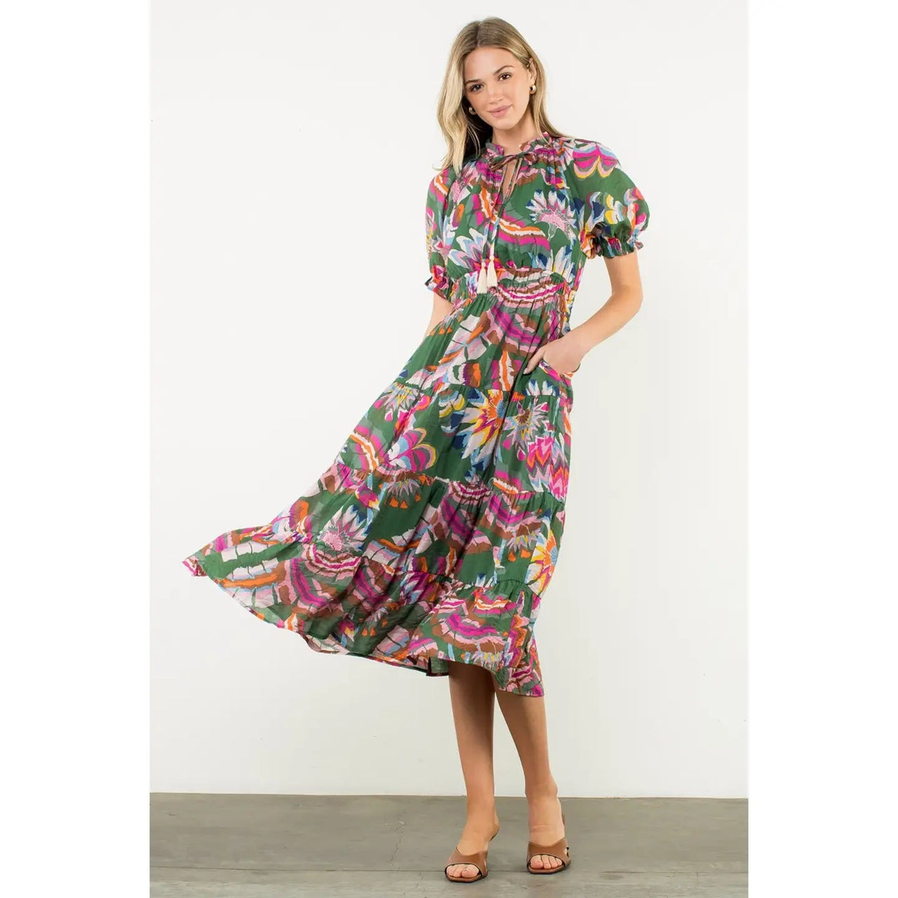 Puff Sleeve Print Tiered Maxi Dress THML