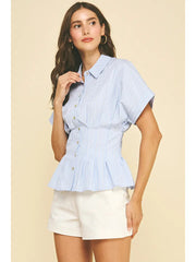 Stripe Button Down Shirt with Waistline Detail Pinch