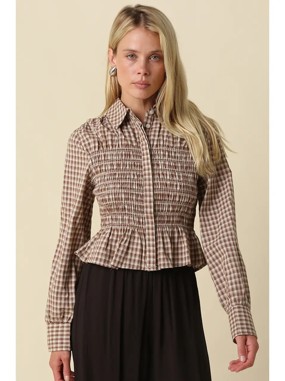 Piper Smocked Gingham Peplum Blouse Olivaceous