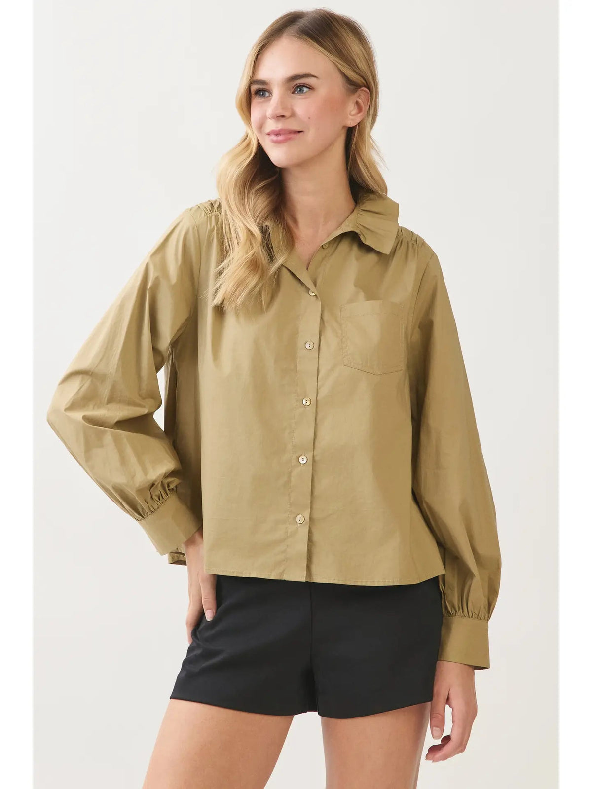 Ruffled High-Neck Button Down Shirt Pinch