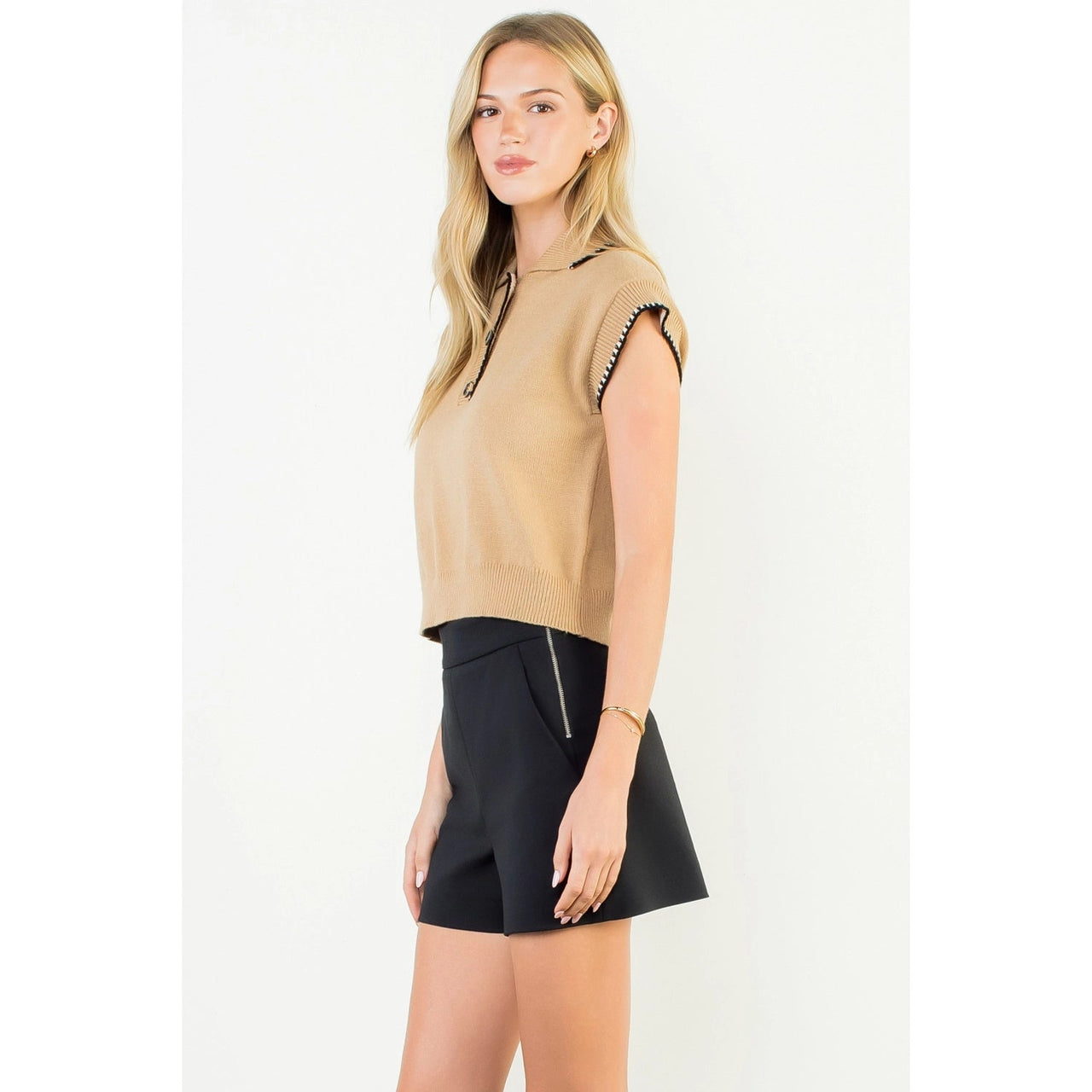 Contrast Trim Collared Button Knit Top THML