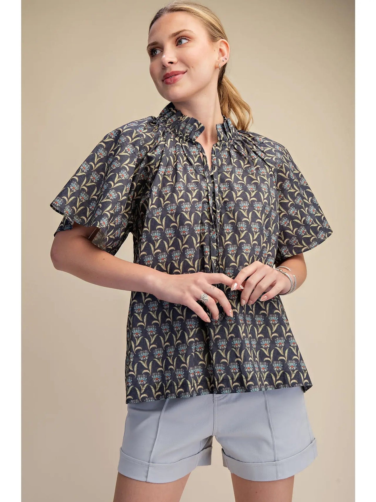 Printed Shirt Top with Ruffle Neck Raglan Sleeve Glam