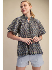 Printed Shirt Top with Ruffle Neck Raglan Sleeve Glam