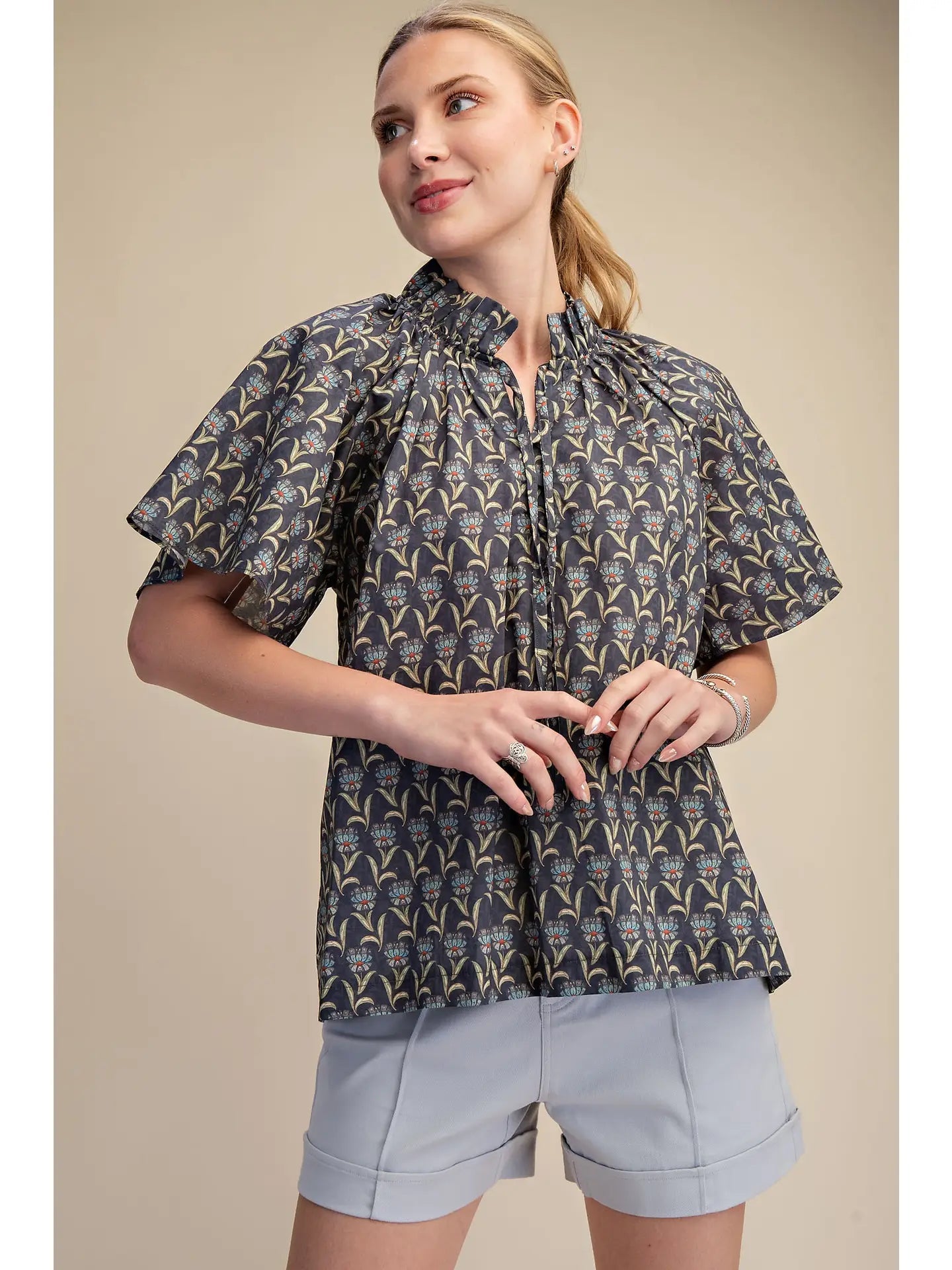 Printed Shirt Top with Ruffle Neck Raglan Sleeve Glam