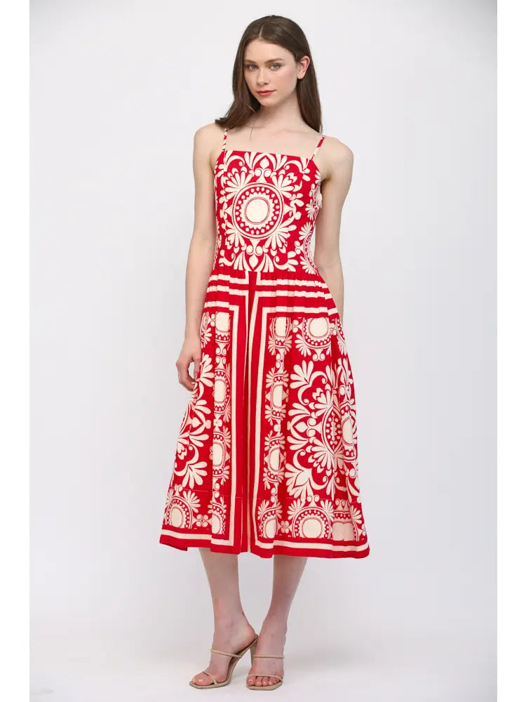 Sleeveless Fitted Bodice Gathered Waist Midi Dress Fate