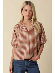 Alex Gingham Split Neck Blouse Olivaceous
