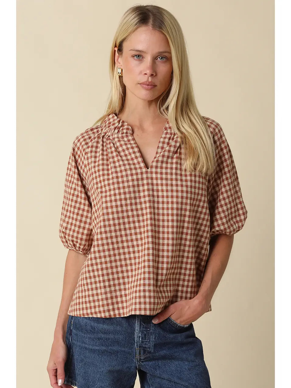 Alex Gingham Split Neck Blouse Olivaceous