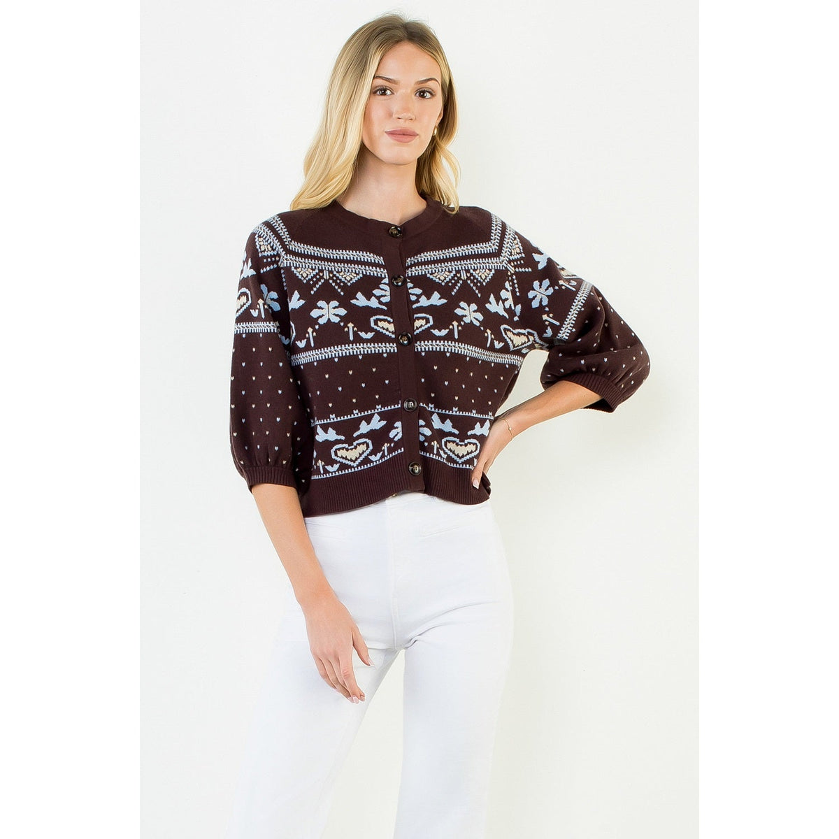 Wide Sleeve Pattern Button Cardigan THML