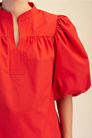 China Collar V-Neck Bubble Sleeve Poplin Top Glam