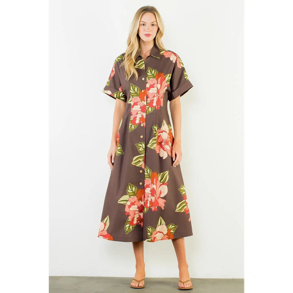 Long Flower Dress with Cuff Sleeves THML