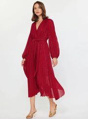 Pleated Surplice V-Neck Maxi Dress Current Air