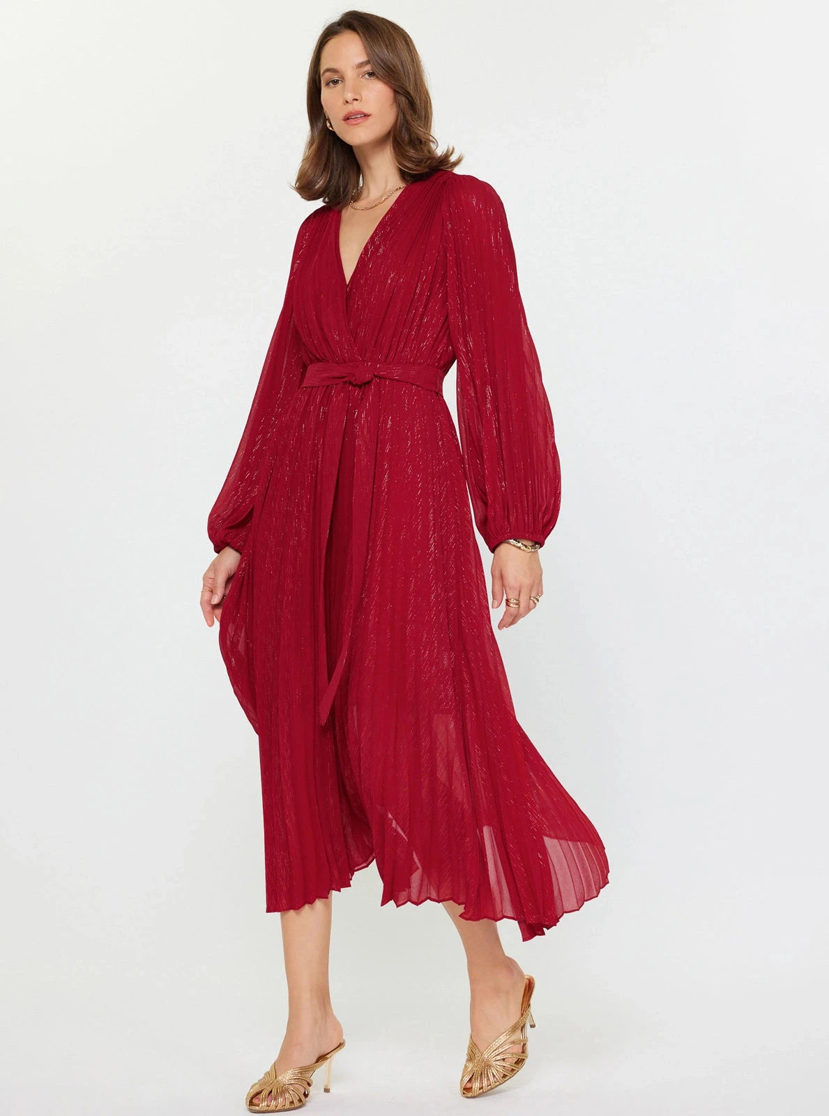 Pleated Surplice V-Neck Maxi Dress Current Air