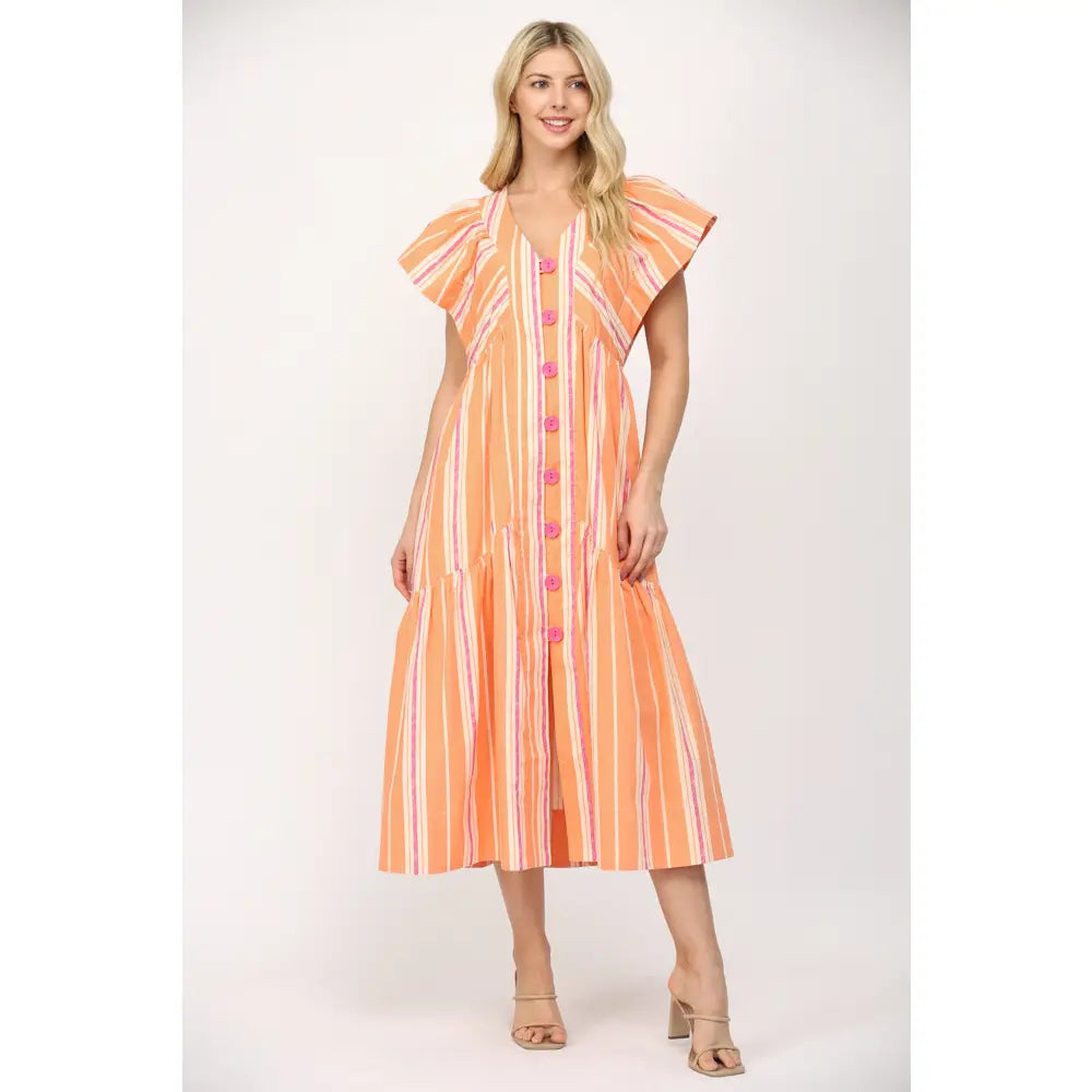 Stripe V-Neck Maxi Dress with Large Swirl Button