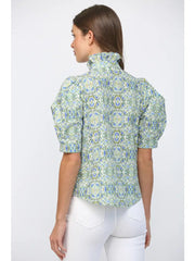 Puff Short Sleeves Ruffle Neck Button Down Top Fate