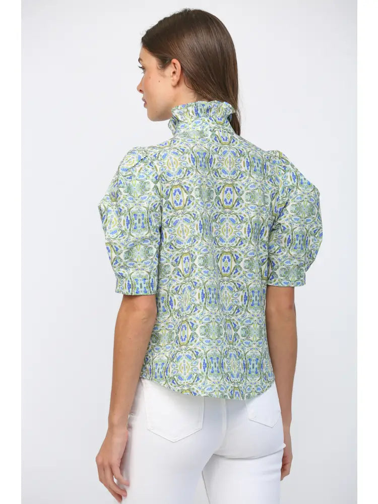 Puff Short Sleeves Ruffle Neck Button Down Top Fate