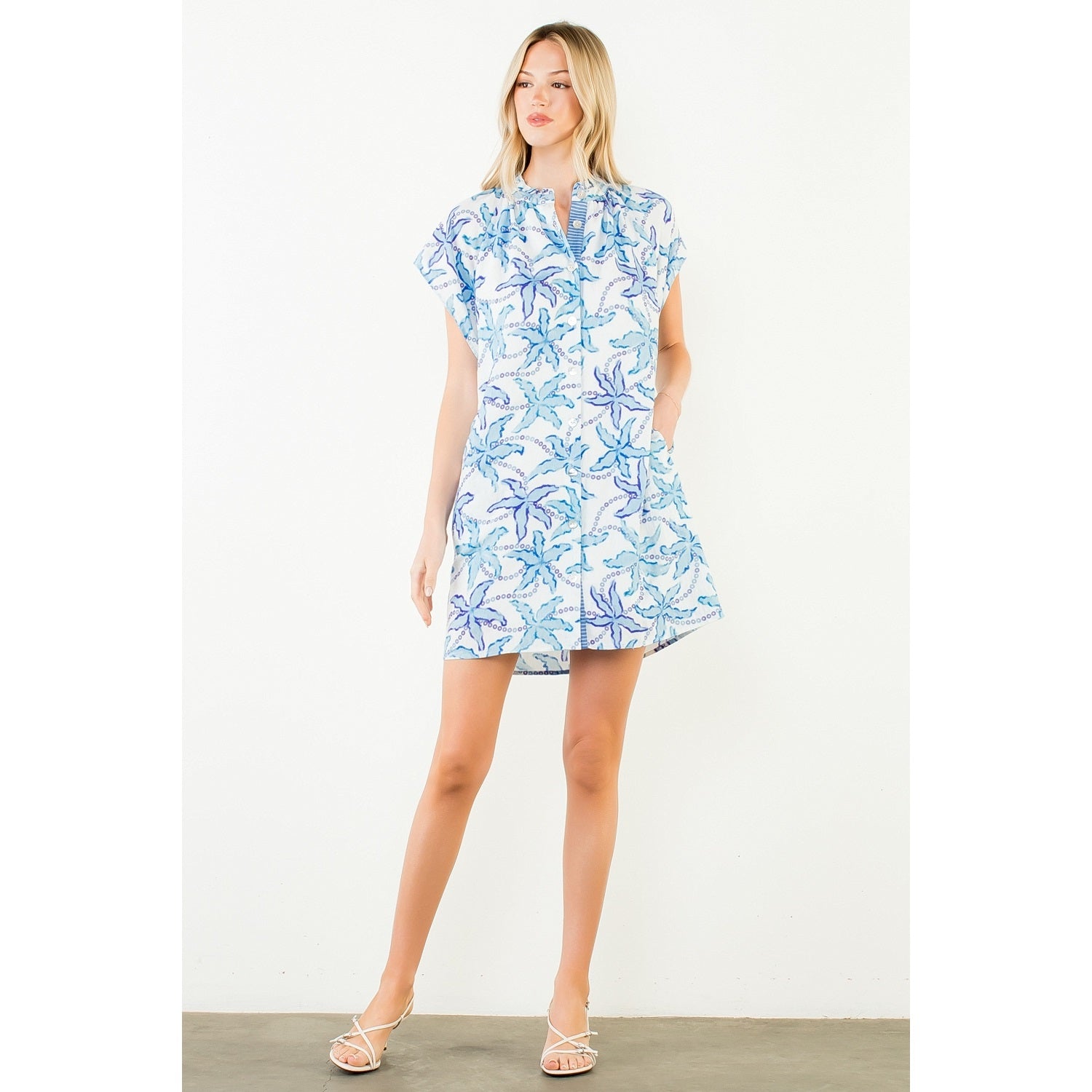 Short Sleeve Pattern Button Down Dress THML