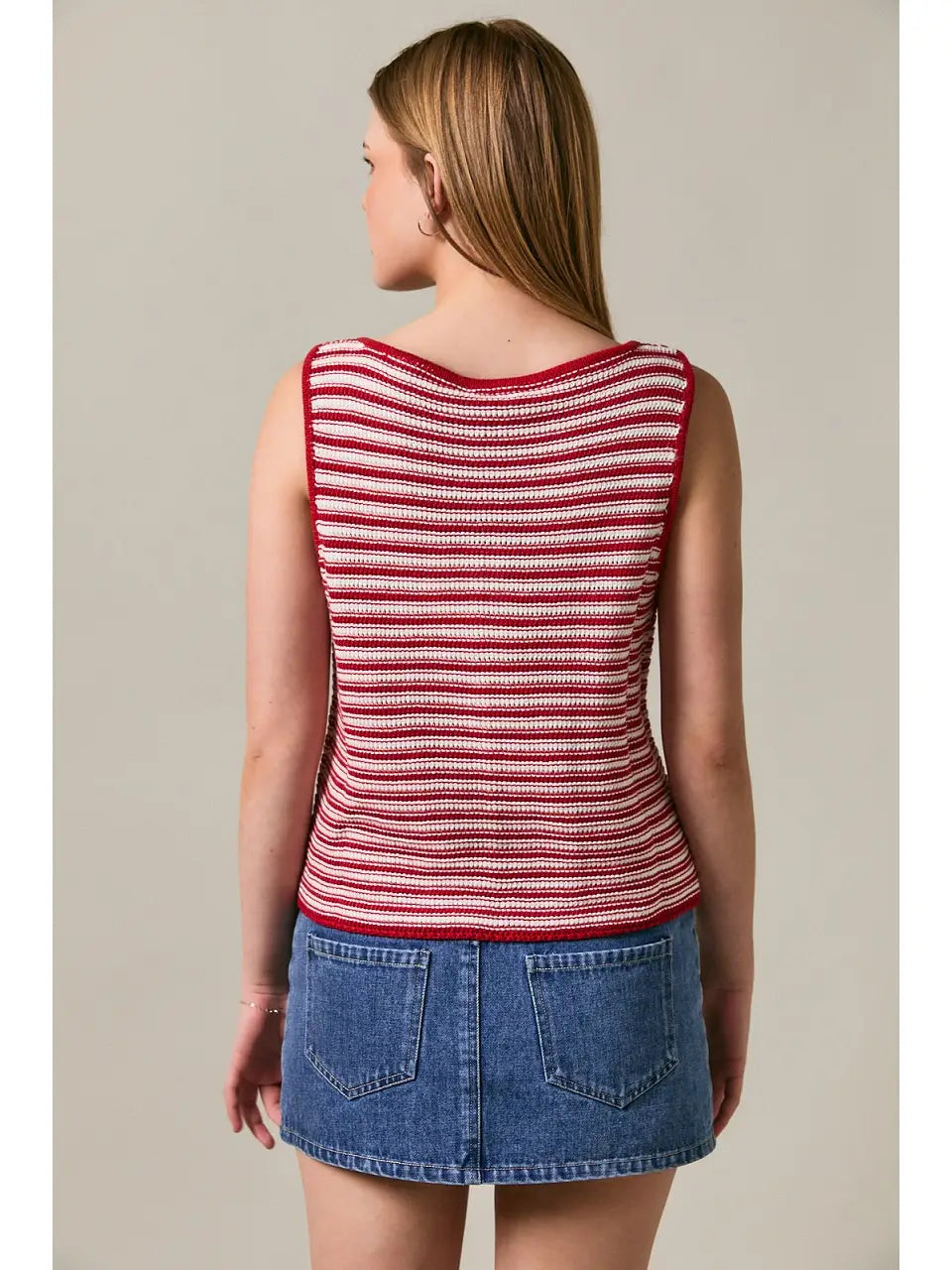 Boat Neck Sleeveless Button Front Crochet Effect Top Le Lis