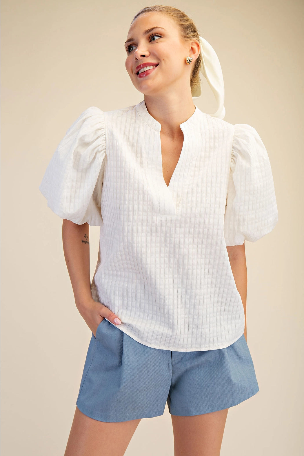 V-Neck Puff-Sleeve Textured Top Glam