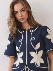 Appliqué Floral Short Puff Sleeve Structured Top TCEC