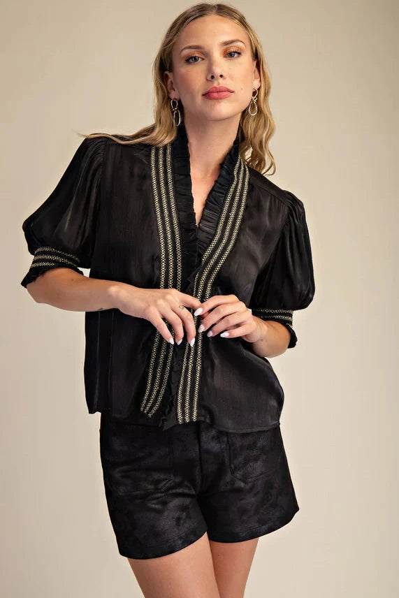 Ruffle V-Neck Smocked Puff Sleeve Blouse Glam