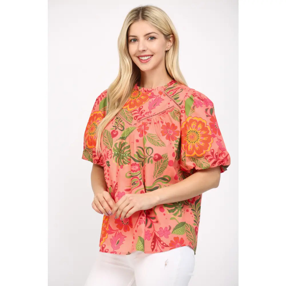 Lace Trim Floral Cotton Poplin Top