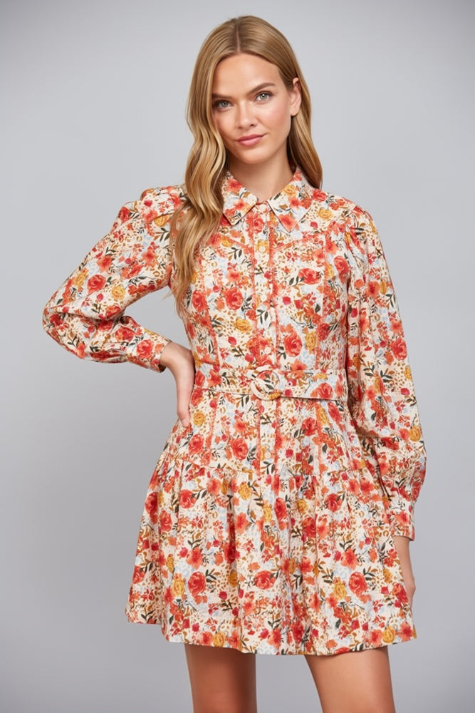 Matching Waist Tie Floral Print Button Down Shirt Dress Fate