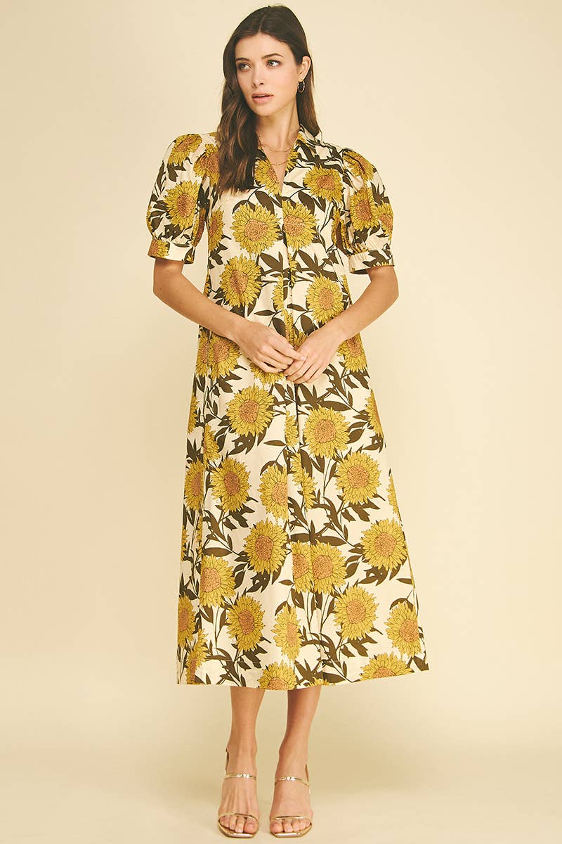 Golden Sunflower Puff Sleeve Midi Dress Pinch