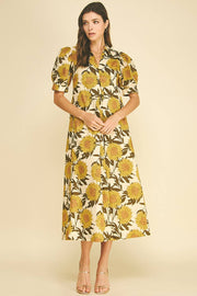 Golden Sunflower Puff Sleeve Midi Dress Pinch