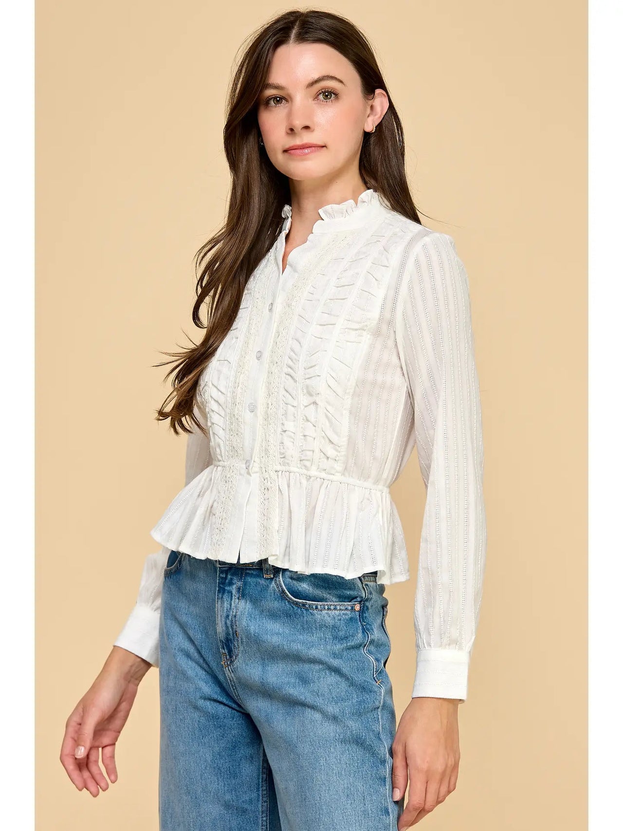Ruffled Mock Neckline Front Button Down Blouse TCEC