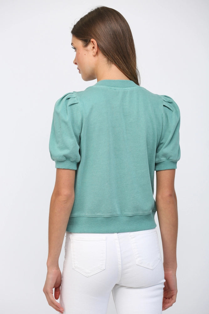 Short Pleated Bubble Sleeve Crew Neck Top Fate