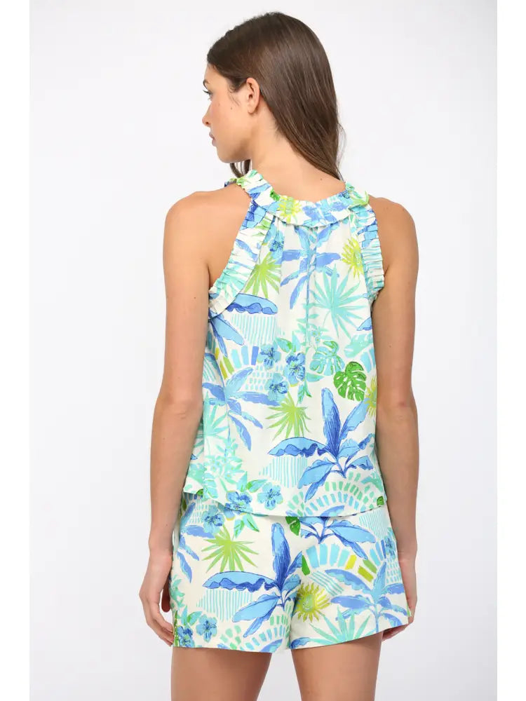 Tropical Print Linen Ruffle Detail Sleeveless Top Fate