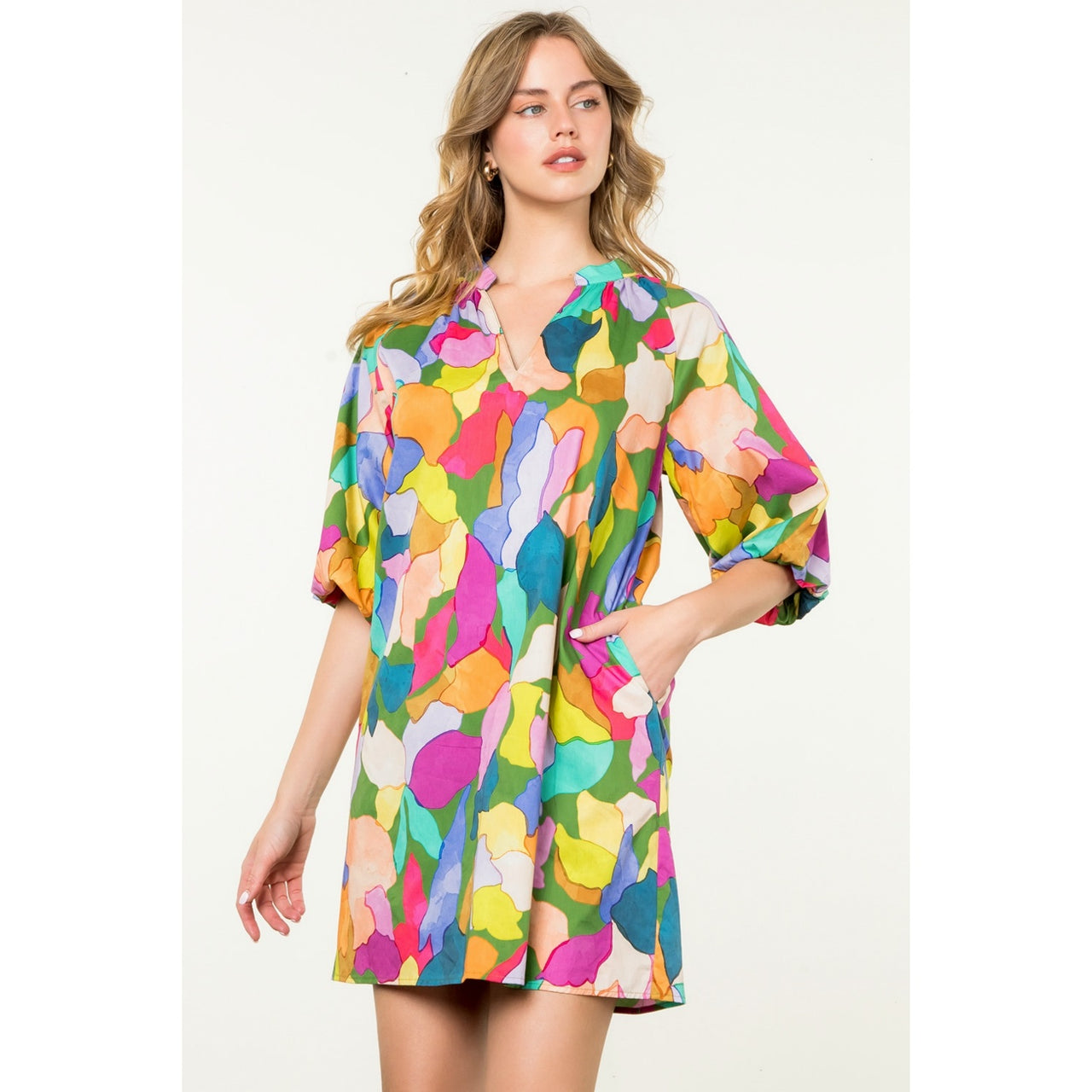 Puff Sleeve Multi Color Dress