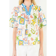 Puff Sleeve Pattern Detail V-Neck Top THML