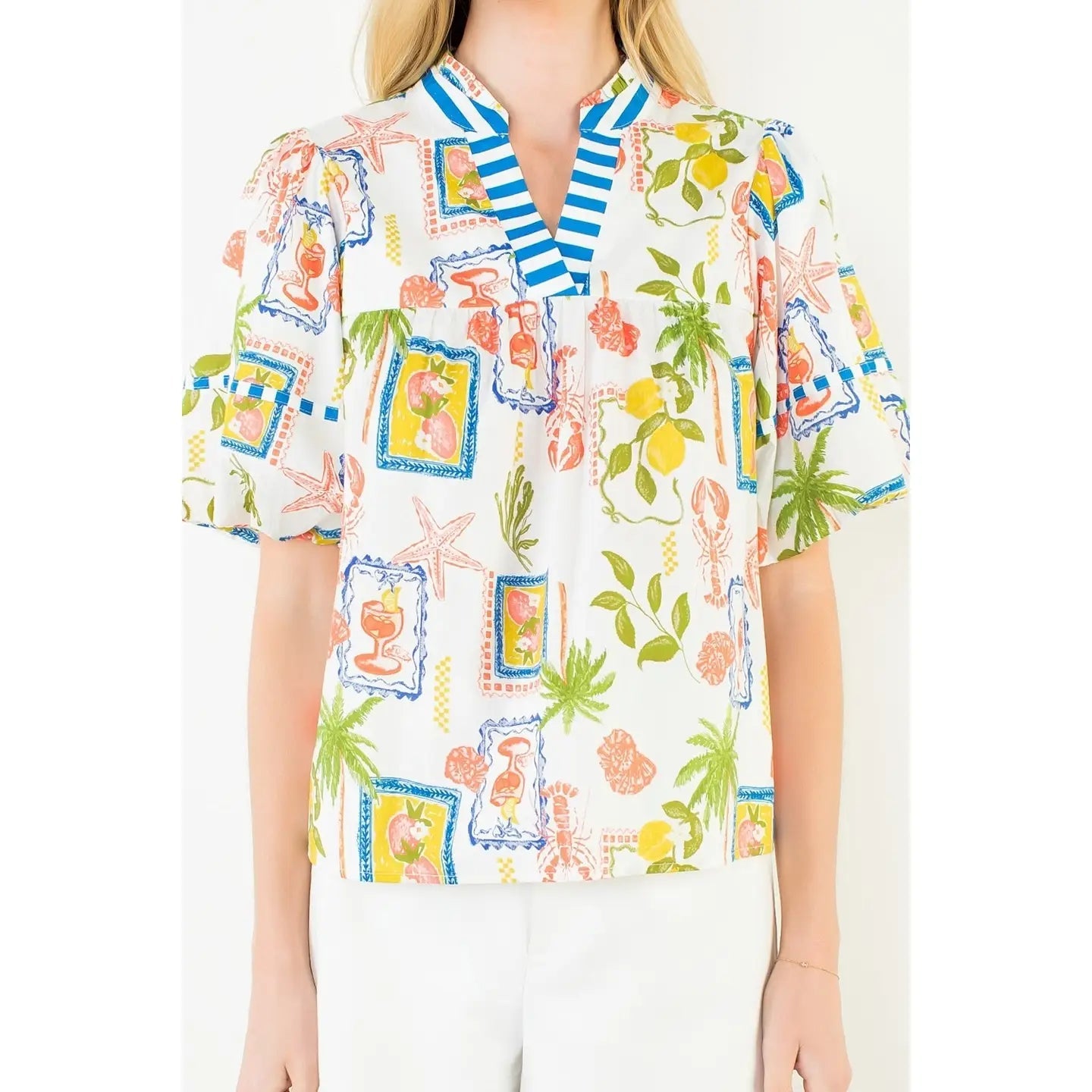 Puff Sleeve Pattern Detail V-Neck Top THML
