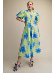 Ruffle V-Neck Puff Sleeve Waist Pleated Midi Dress Glam