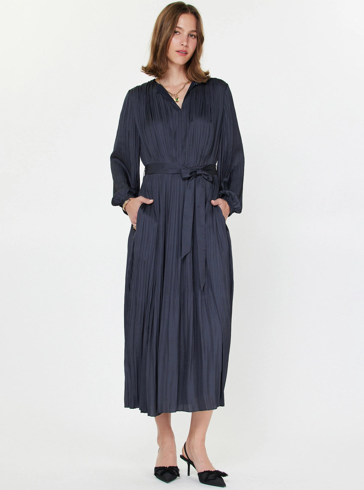 Pleated Long Sleeve Midi Dress Current Air
