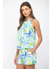 Tropical Print Linen Ruffle Detail Sleeveless Top Fate