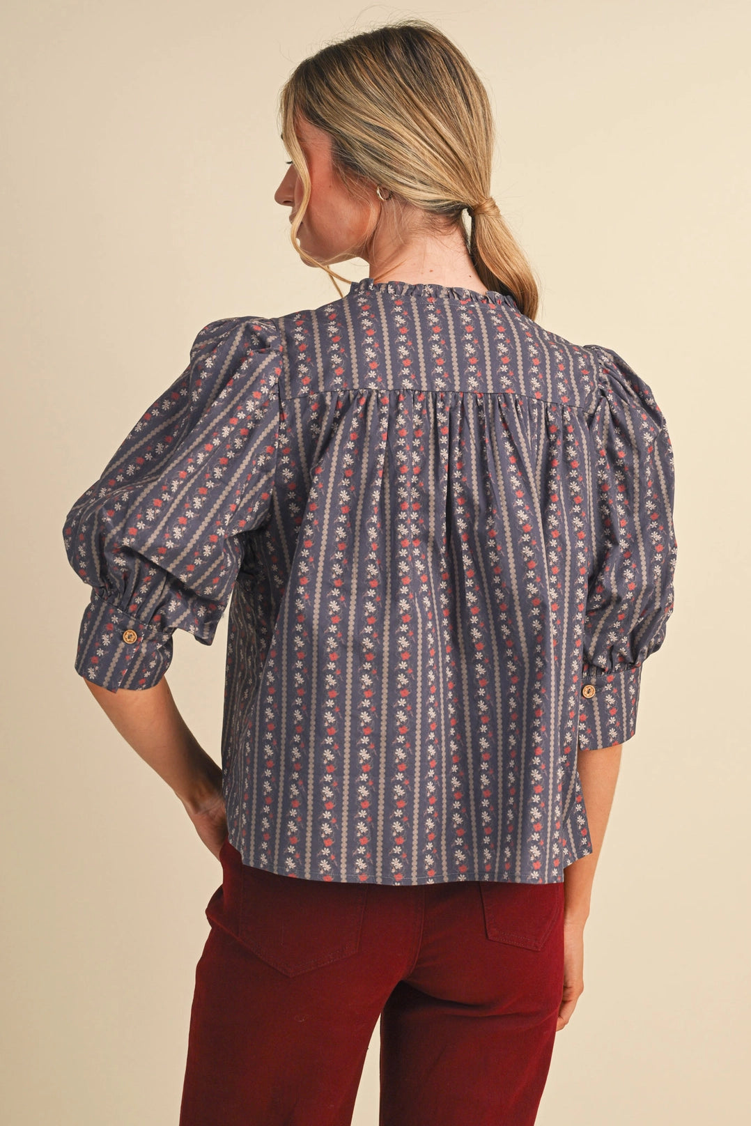 Floral Striped Short Sleeve Button Up Top Merci