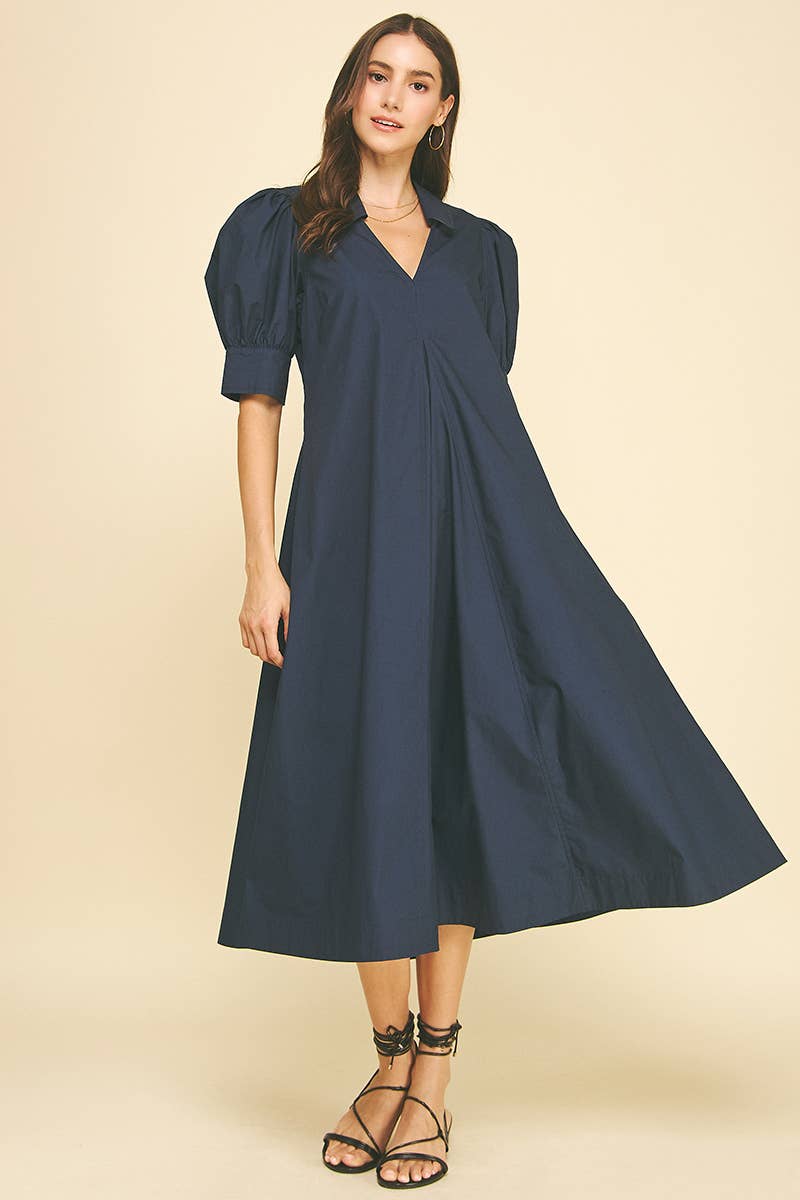 Puff Sleeve A-Line Midi Dress Pinch