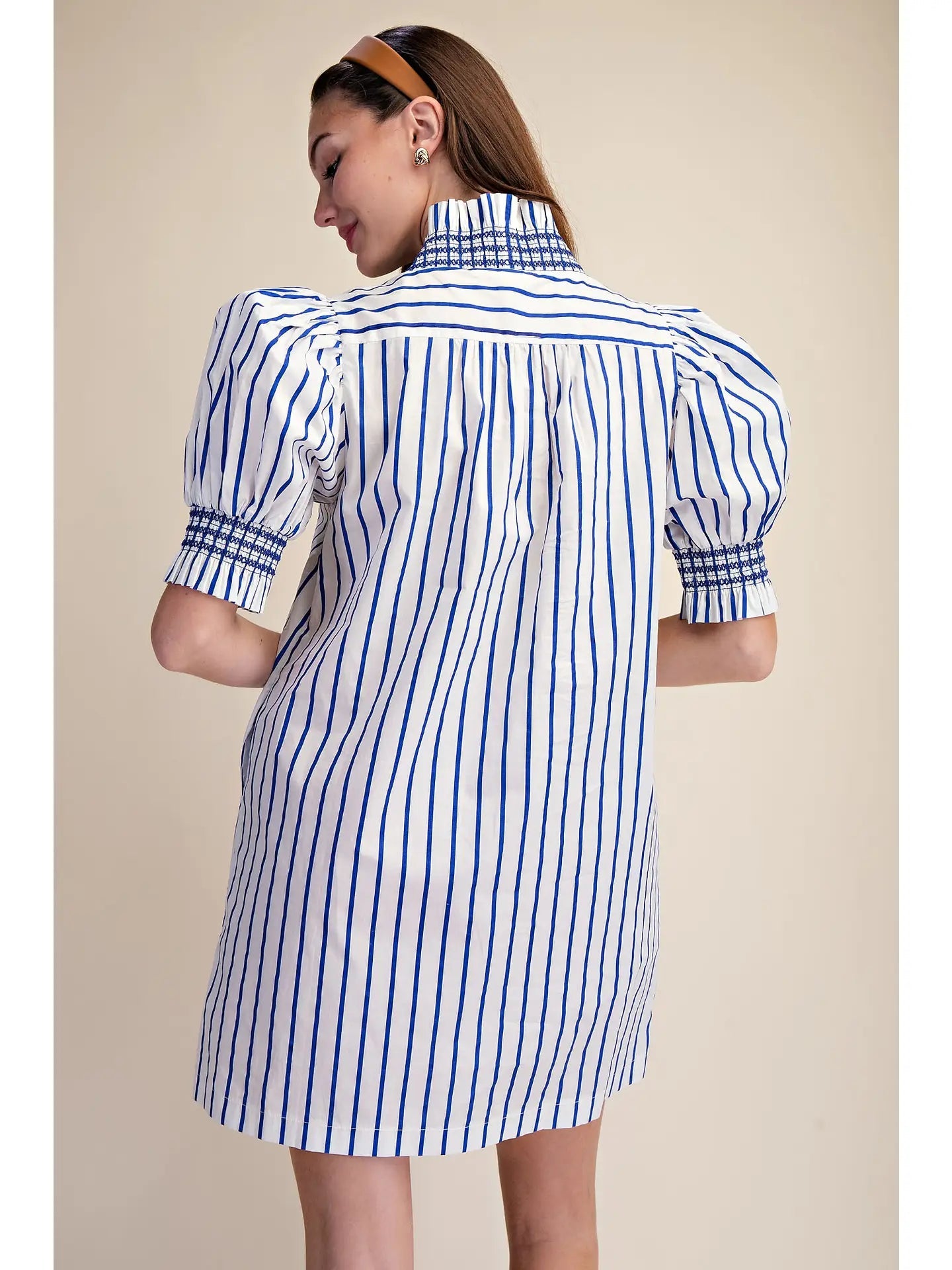 Ruffle V-Neck Smocked Puff Sleeve Stripe Mini Dress Glam