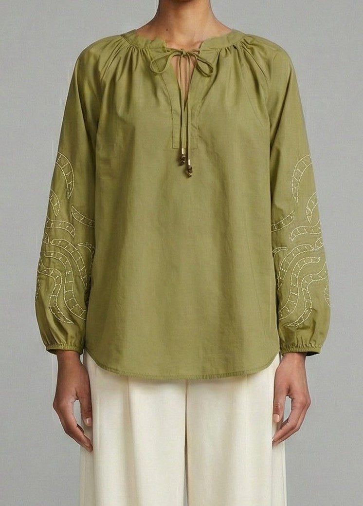 Olive Glow Embroidered Peasant Blouse Meet Me in Santorini