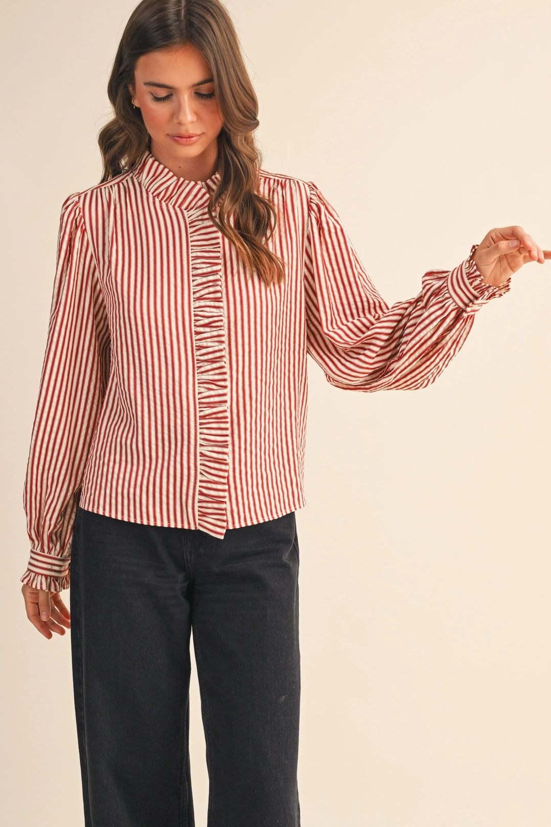 Striped Ruffled Button Down Long Sleeve Top Merci