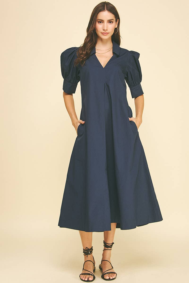 Puff Sleeve A-Line Midi Dress Pinch