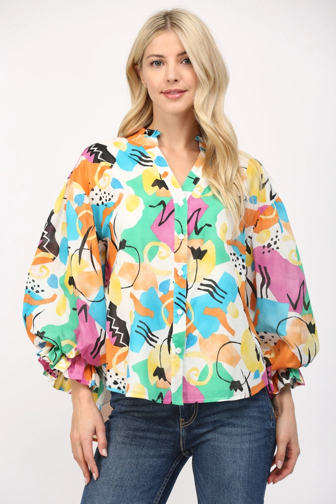 Abstract Print Bubble Sleeve Blouse