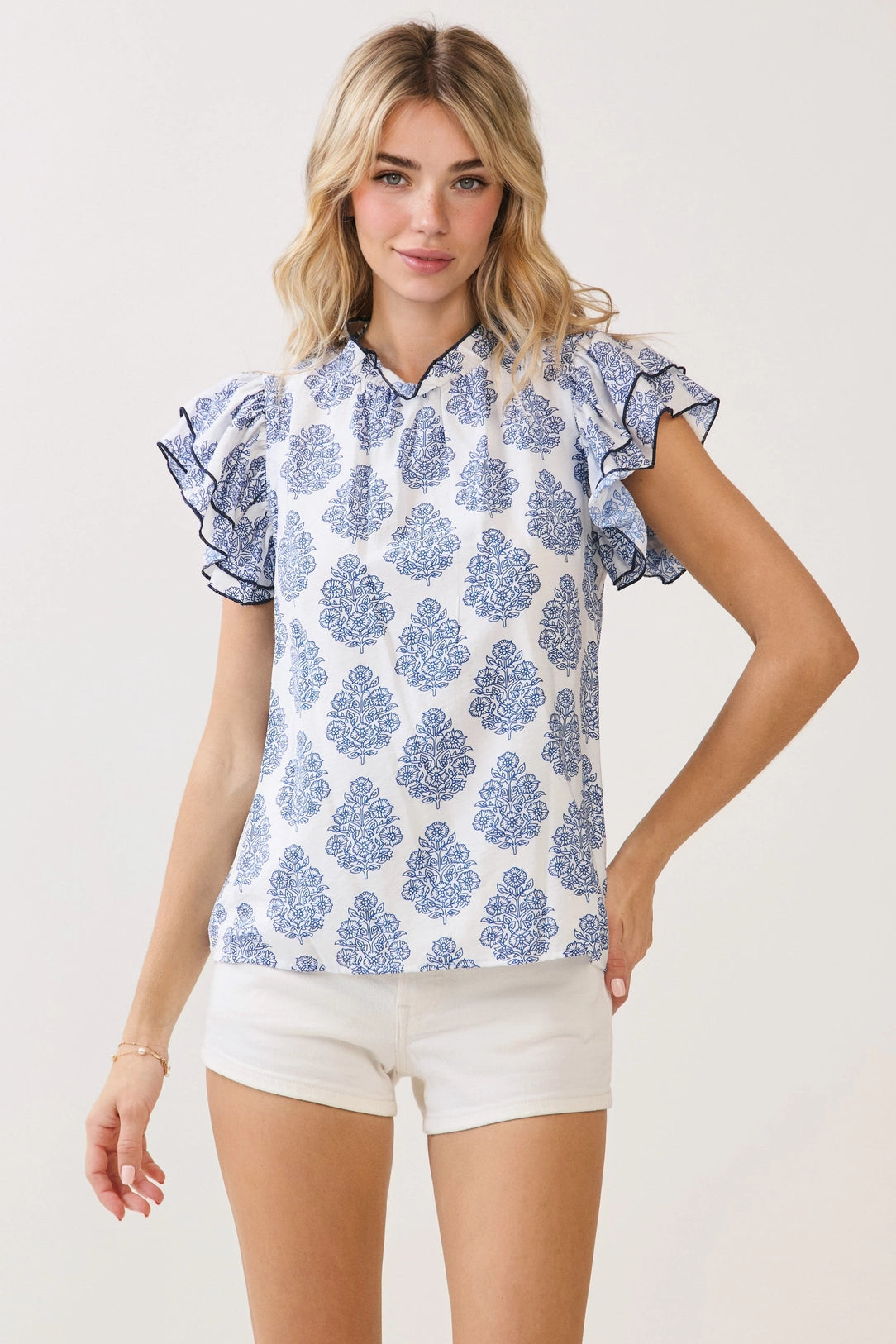 Printed Contrast Trim Ruffle Sleeve Blouse TCEC