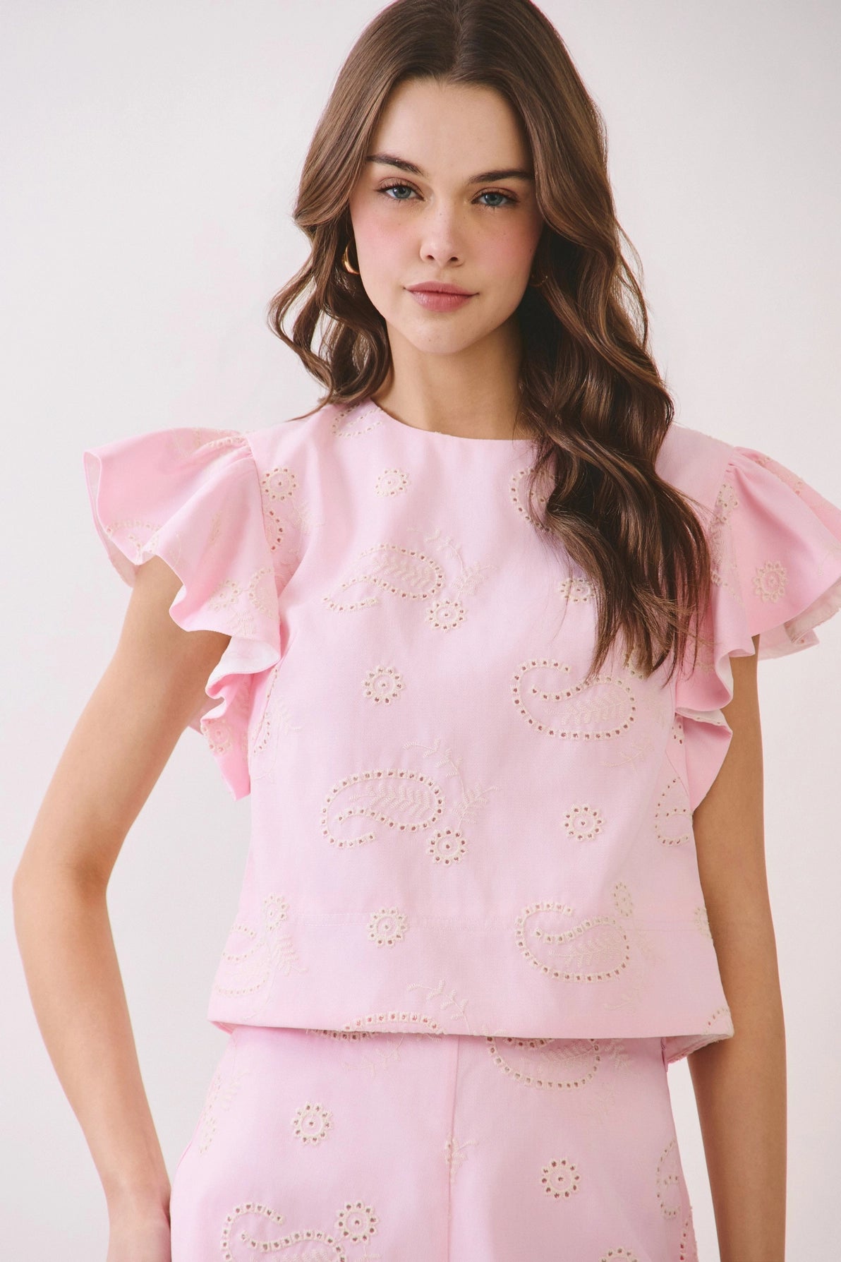 Paisley Eyelet Embroidered Flutter Sleeve Top TCEC